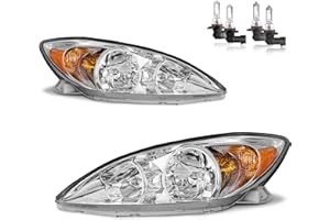 KarSpareHub Headlights Assembly for 2002-2004 Toyota Camry Headlamp Replacement Chrome Housing Amber Reflector Driver & Passenger Side