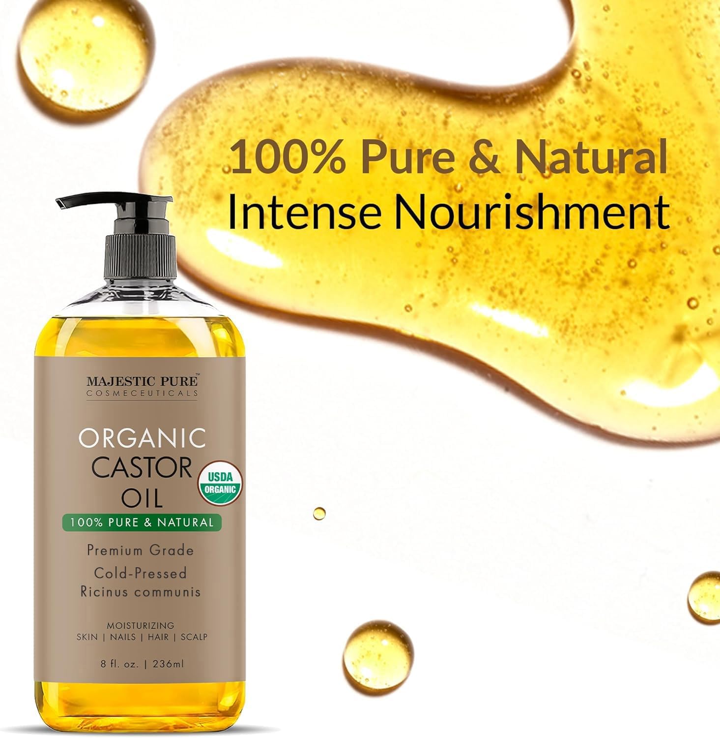 Majestic Pure USDA Organic Castor Oil - 100% Pure & Natural - Premium Grade, Cold Pressed, Hexane Free - Hair, Eyelashes, Eyebrows, Nails - Moisturizing & Nourishing - 8 Fl Oz