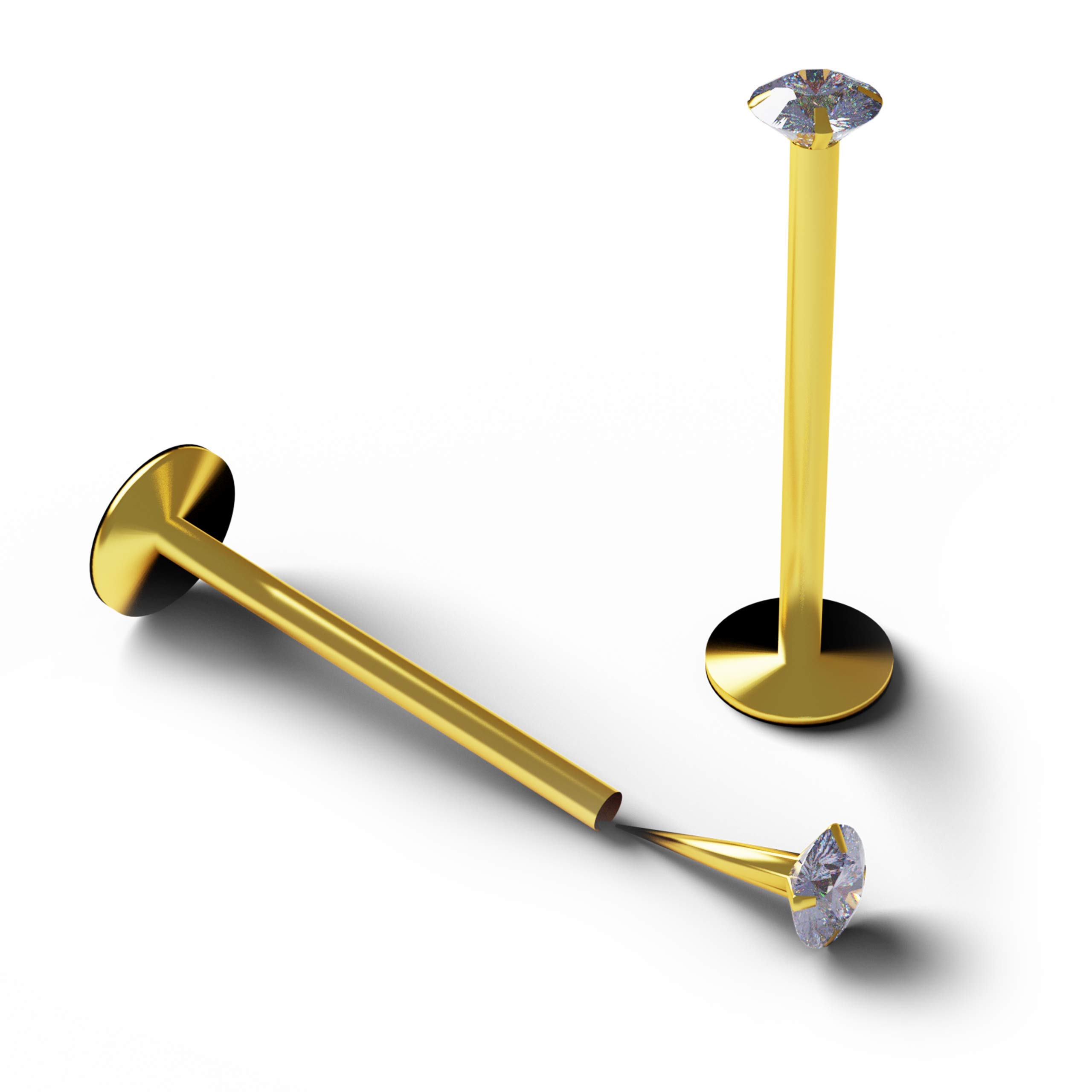 AZARIO LONDON 2MM Claw Set Clear CZ Stone 16 Gauge 9Ct Solid Yellow Gold Lip Labret Tragus Bar Piercing