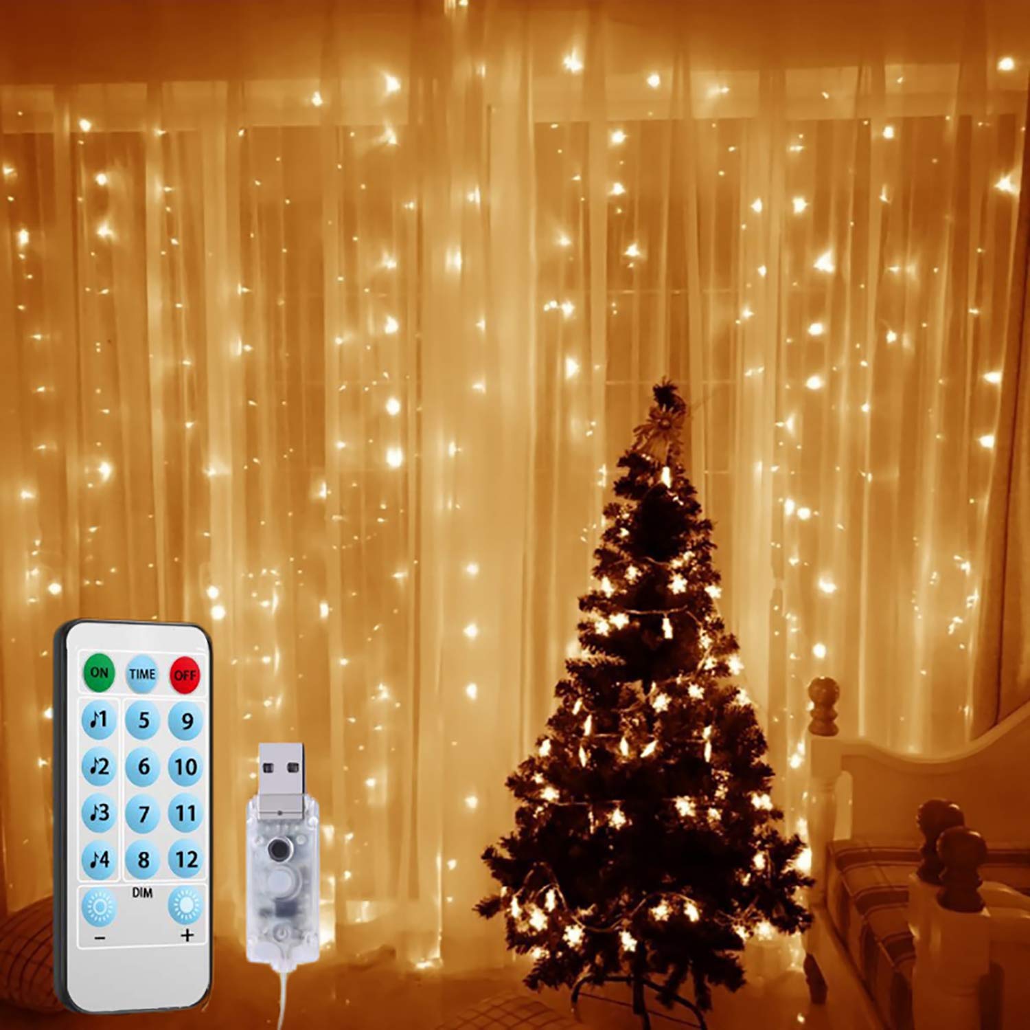 （2019 New) Window Curtain String Lights, 300 LED USB Powered String Lights, 4 Music Control Modes 8 Lighting Modes Waterproof Decorative Lights for Wedding, Homes, Party, Bedroom Chrismas (Warm White）
