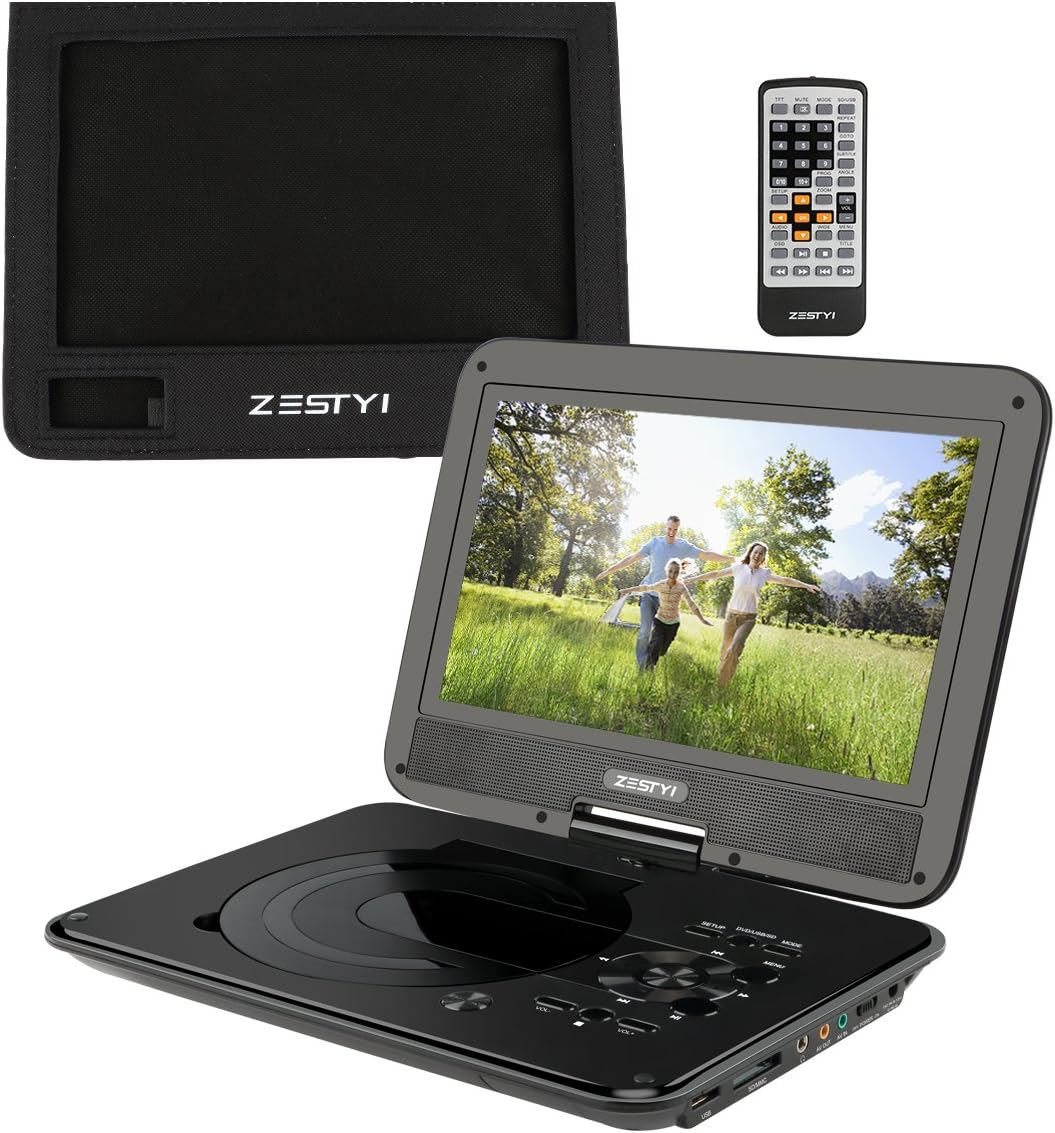 ZESTYI 10" Portable DVD Player for Kids with Car Headrest Mount Holder, Rechargeable Battery, Wall Charger, Car Charger, SD Card Slot, USB Port & Swivel Screen (Black)