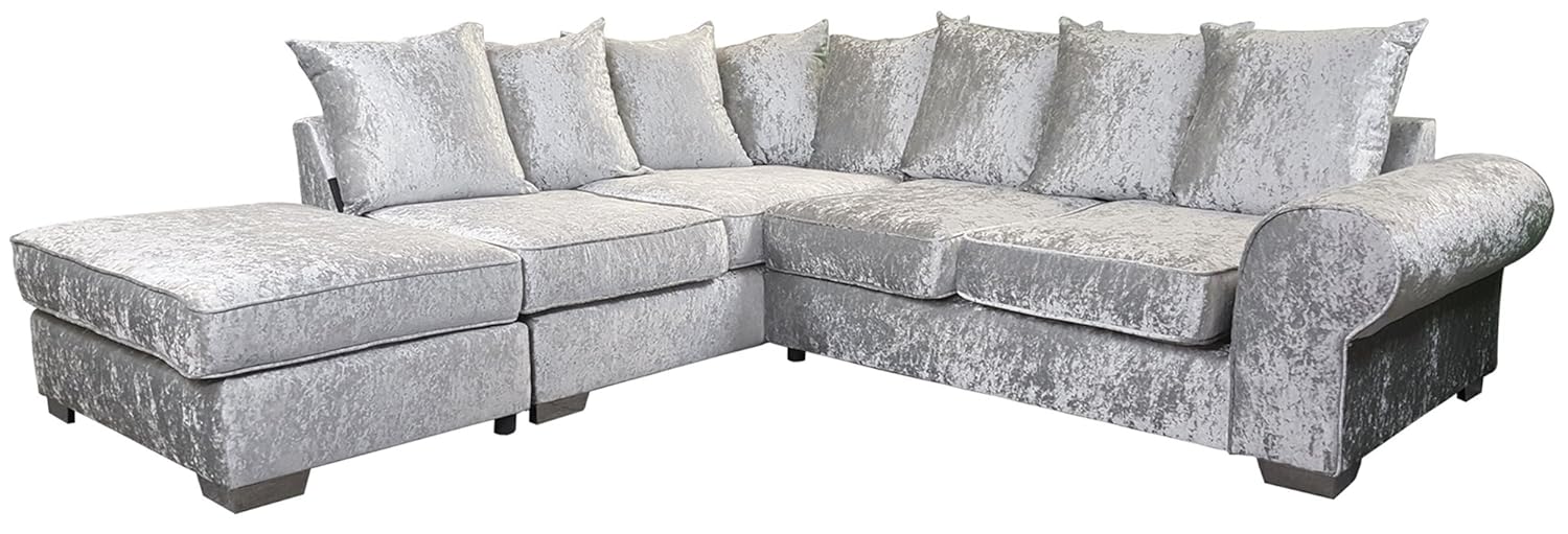 Crushed Velvet Corner Sofa Suite Left Right Silver Cream Black (Left