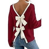 Unybwonn Women Bow Pullover Sweater Long Sleeve Crewneck Knit Ribbed Top Casual Trendy Knot Lightweight Sweaters