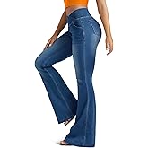 FUNUCA Knit Stretchy Jean Leggings for Women with Crossover High Waisted Bell Bottom Yoga Pants Flare Leggings with Pockets