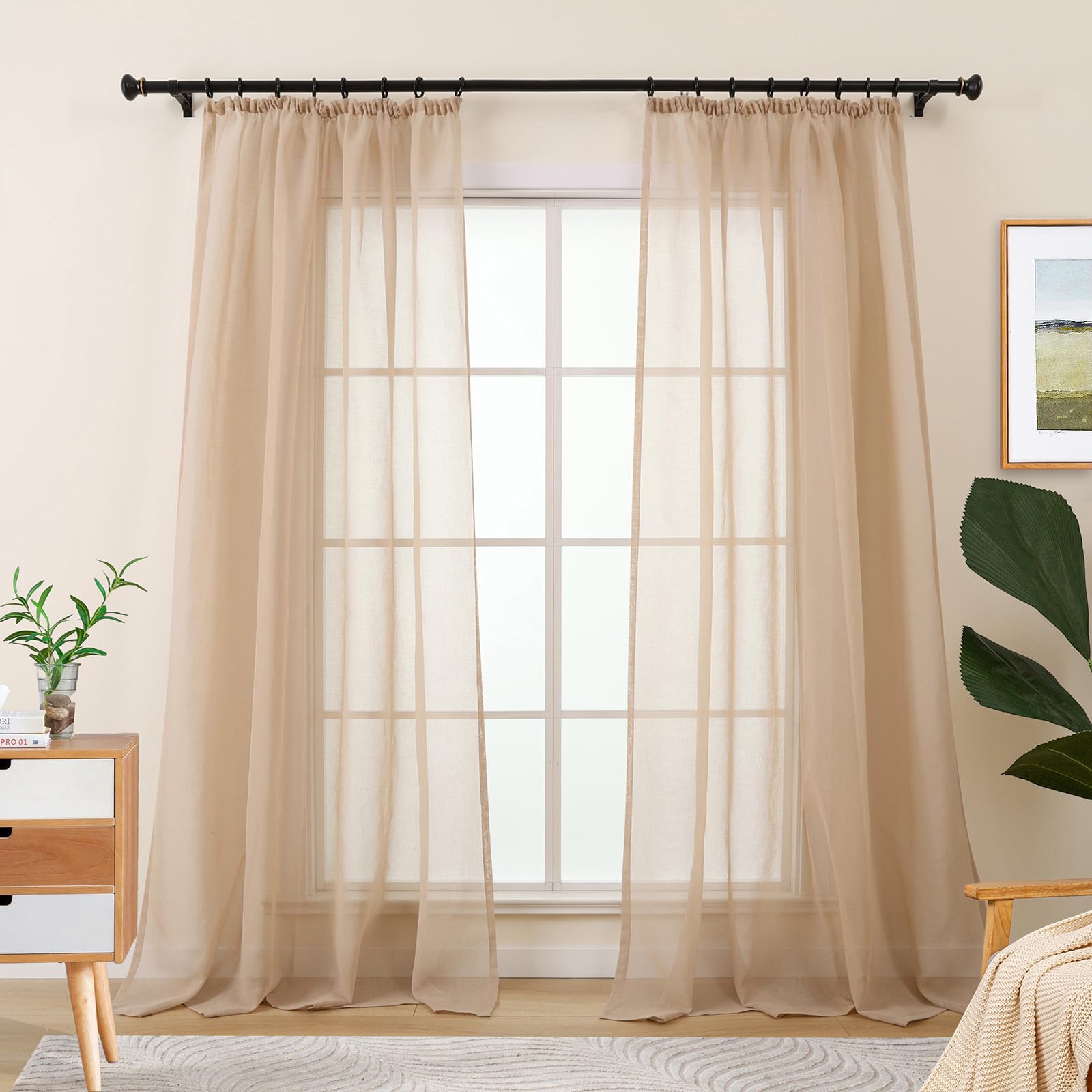 L.Z.E Sheer Curtains for Windows, Beige Curtains & Drapes for Living Room Bedroom Nursery Track System, 57-58 Inch Drop & Short Pencil Pleat Sheer Curtains, 2er Set Light Linen Look