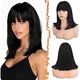 BARSDAR Short Black Bob Wig With Bangs - Black Bob Wig With Bangs for Women - 14 Inch Natural Looking Thick Soft Synthetic Hair Replacement Wigs Daily Party Halloween Retro Costume Wigs
