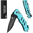FLISSA Folding Pocket Knife with Clip, Glass Breaker and Seatbelt Cutter, Survival Knife for Emergency Rescue Situations, EDC Knife for Tactical, Hunting, Camping, Outdoor, Unique Gifts for Dad, Father-Blue