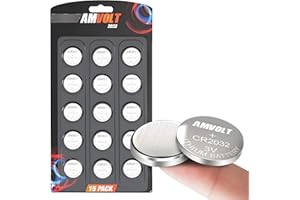 AmVolt 15 Pack CR2032 Batteries - [Extended Life] Airtag Battery 220mAh 3 Volt Lithium Replacement Airbag 3v C2032 Watch Battery Coin Round Button Cell - Key FOB - Child Resistant | 5 Year Guarantee