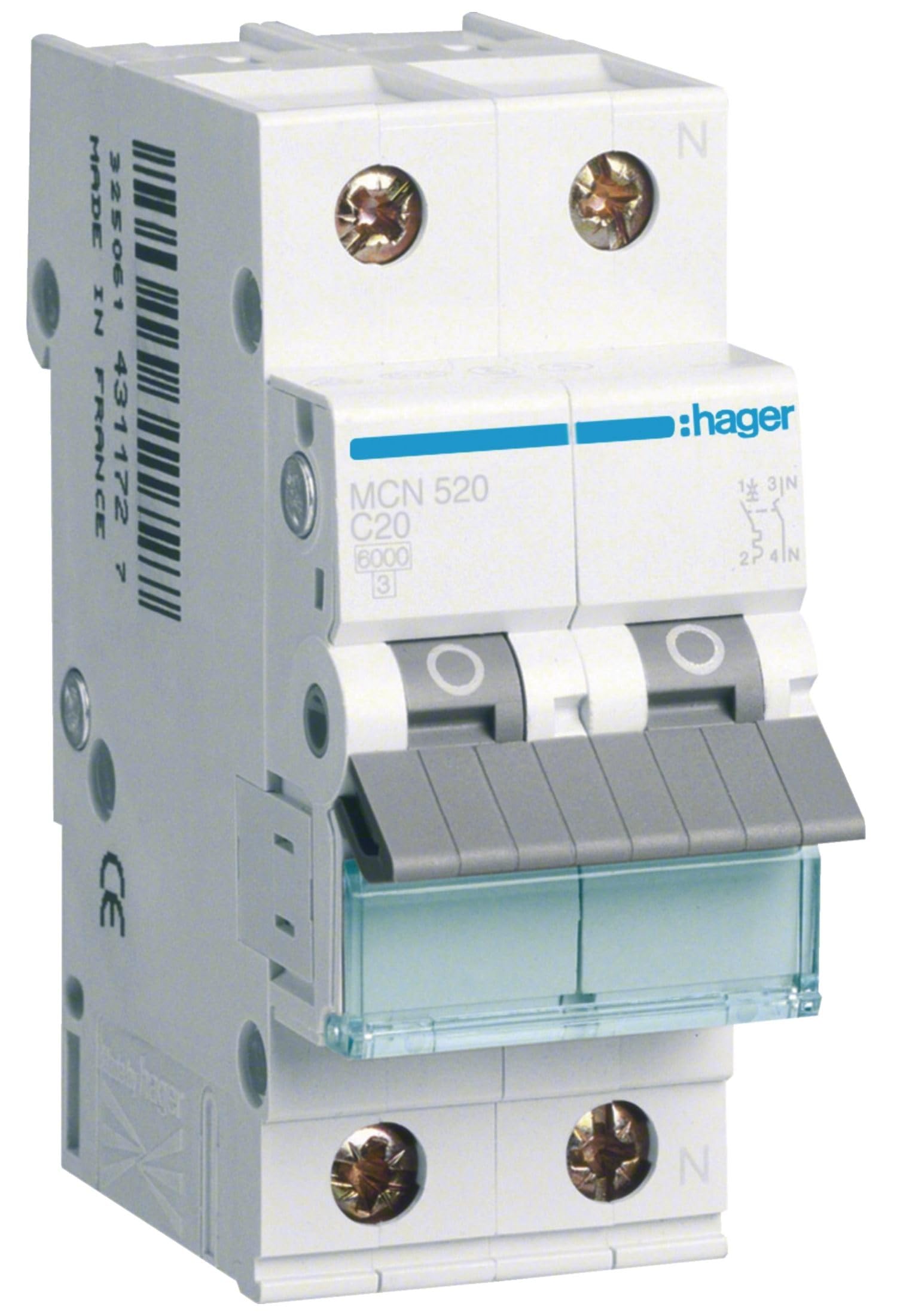 Hager MCN520, Circuit breaker 1 + N pole 20A, char.C, 6 ka