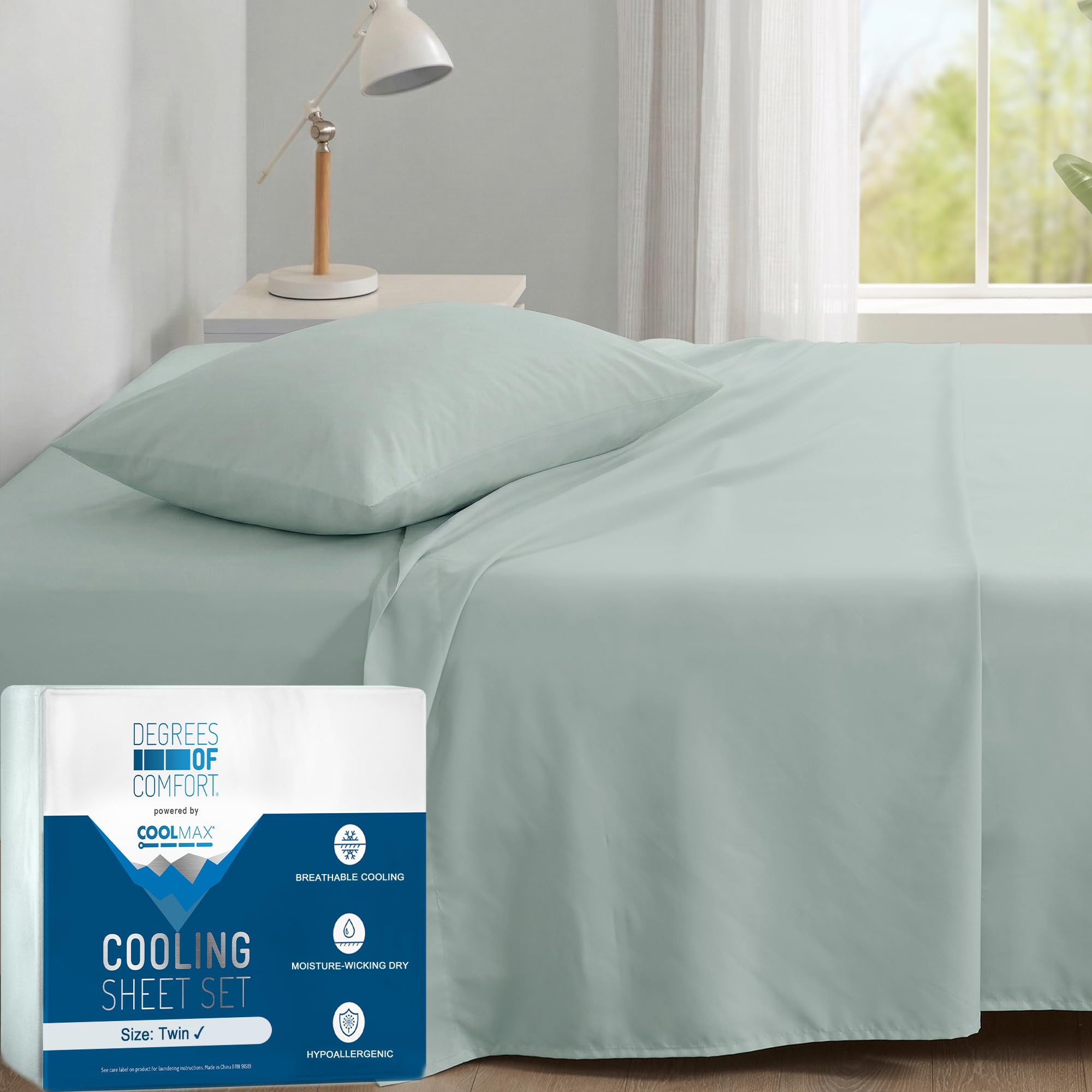 Degrees of Comfort Coolmax® Cooling Bed Sheets Twin Size for Hot Sleepers, Moisture Wicking Sheet Set for Night Sweats, Deep Pocket, Ultra Soft, Cozy for All Seasons, Aqua 3 Pieces