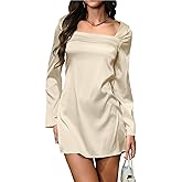 HYPERFIRE Women's Elegant Sqaure Neck Satin Long Sleeve Mini Dress Wedding Cocktail Dresses