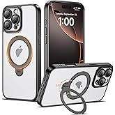 AmoraAqua Compatible with iPhone 16 Pro Max Case with 360° Spin Magnetic Ring Stand [Compatible with Mag-Safe] Full Camera Lens Protector Plating Clear Phone Case for iPhone 16 Pro Max 6.9", Black