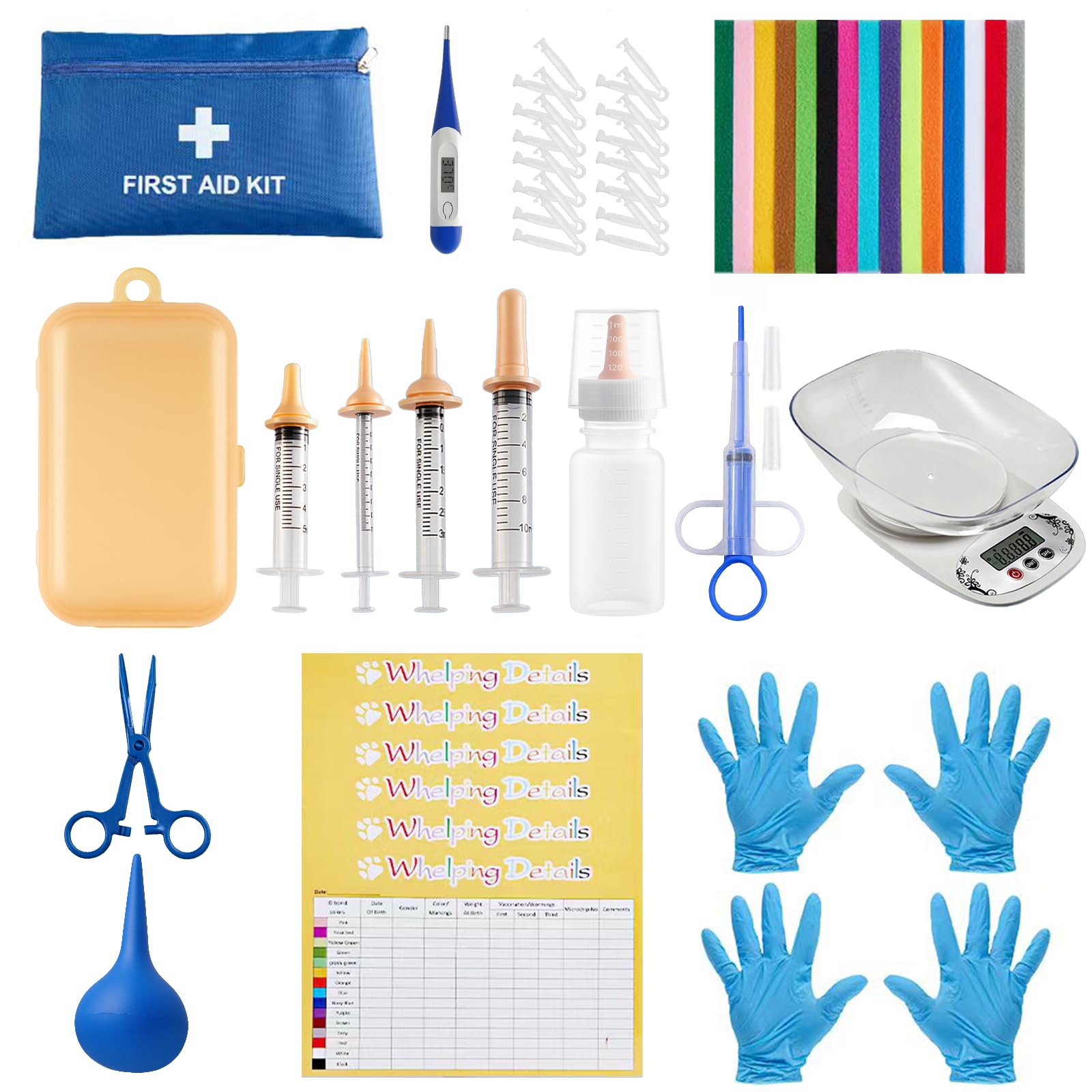 Photo 1 of 52pcs Puppy Whelping Supplies,Whelping kit,Puppies Birth,Kitten Dog Supplies,Puppy kit,Bottle Feeding kit for Newborn Puppy, Puppy Whelping Collars,Tube,Cord Clamps,Gloves,Digital Thermometer Scale