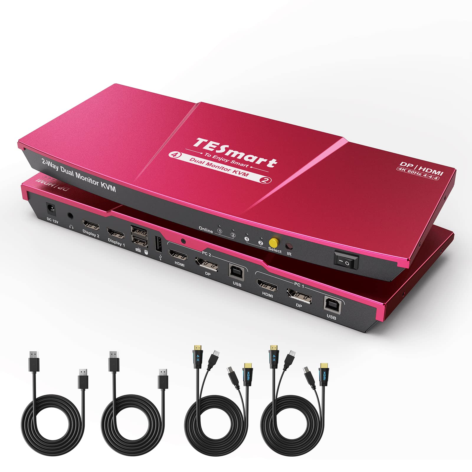 TESmart KVM Switch 2 Monitors 2 Computers DisplayPort and HDMI 4K60HZ KVM Switch Dual Monitor with EDID Emulators,Audio Jack Support Copy & Extend Mode Upgraded K&M Compatibility with Input Cables