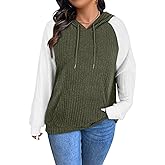 Koscacy Womens Plus Size Hoodie Sweaters Lightweight Color Block Raglan Sleeve Pullover Tops