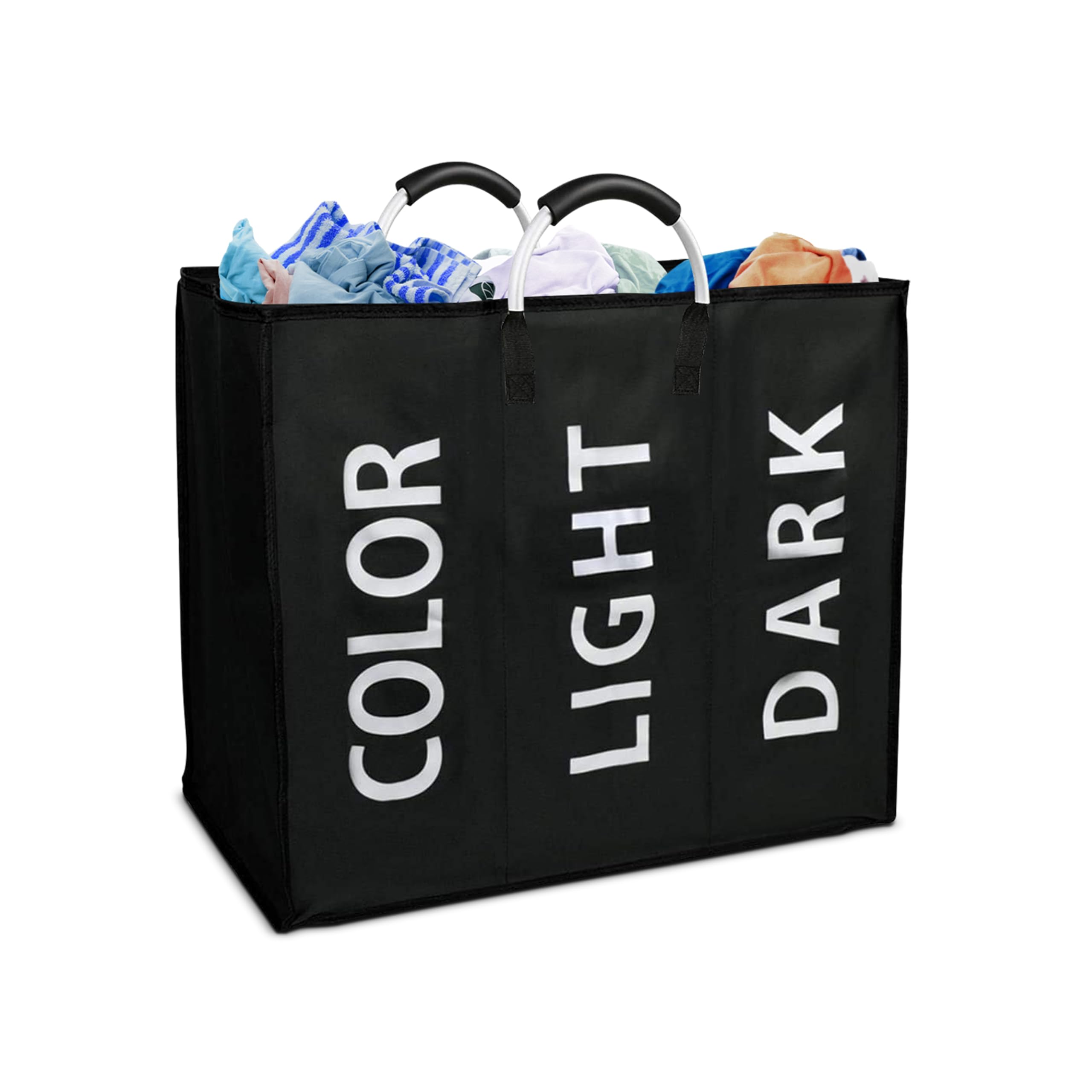 SPICOM 120L Laundry Basket with 3 Compartments Aluminium Handles Fabric Collapisable Foldable Laundry Bags Hamper Washing Storage Bin for Bedroom PE Coating Waterproof Texture (Black, 120L)