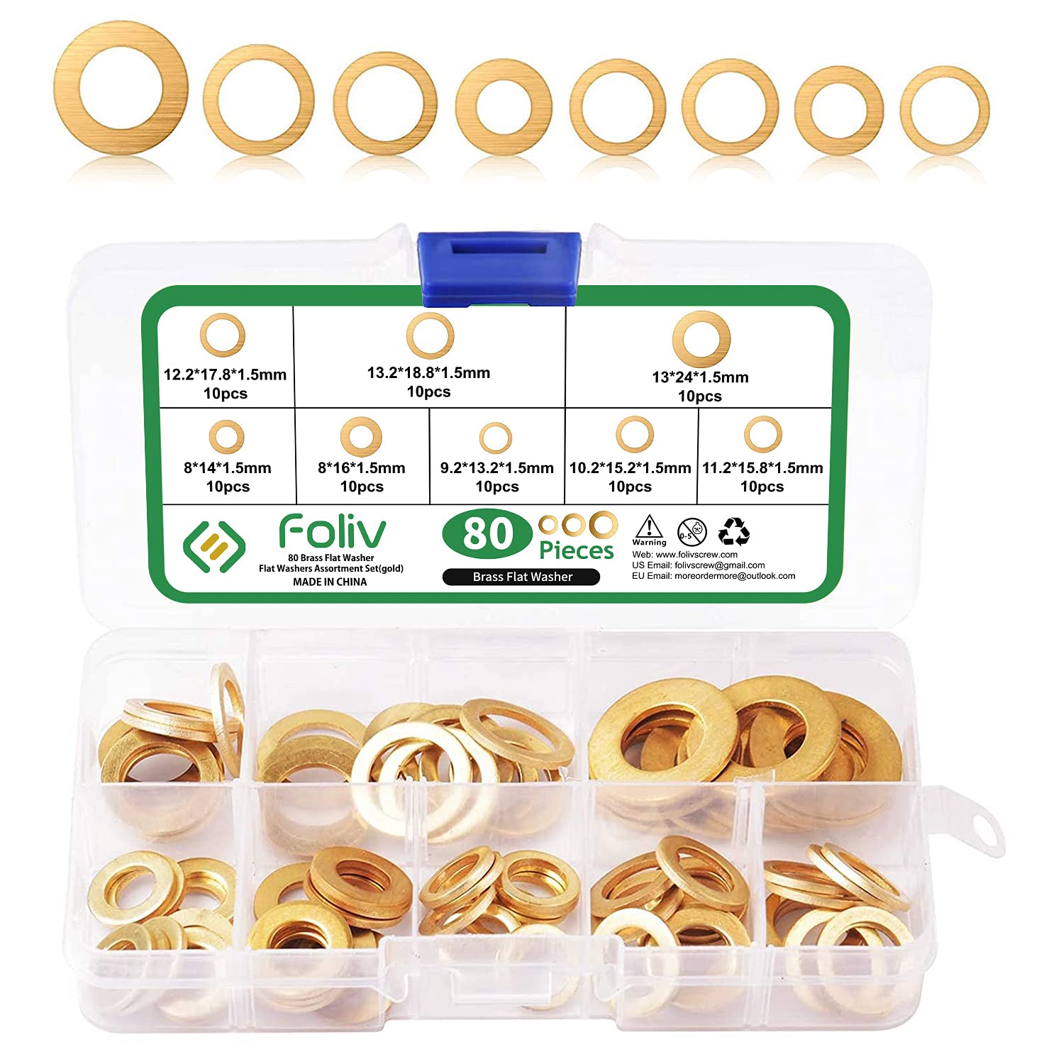 Foliv 80 Pieces Fitting Rings Assortment, Brass Washer Set, Diameter 8/9.2/10.2/11.2/12.2/13/13.2 mm in Assortment Box, for Lifting Doors to Avoid Grinding Doors on Floor coverings