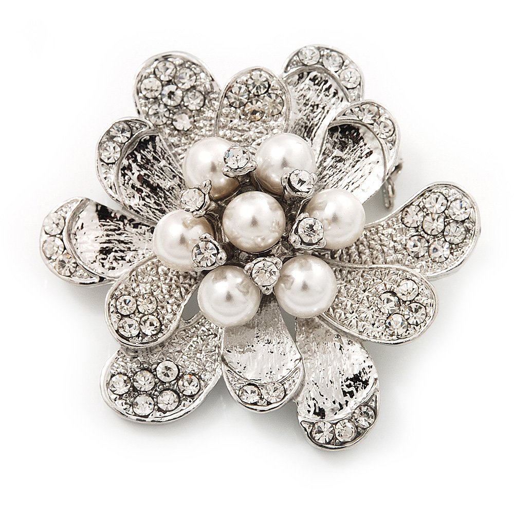 Bridal Clear Diamante White Peal 'Flower' Brooch In Silver Plating - 4.5cm Diameter