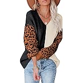 ANCAPELION Women’s V Neck Sweater Pullover Leopard Long Sleeve Basic Color Block Jumper Casual Knitted Tops