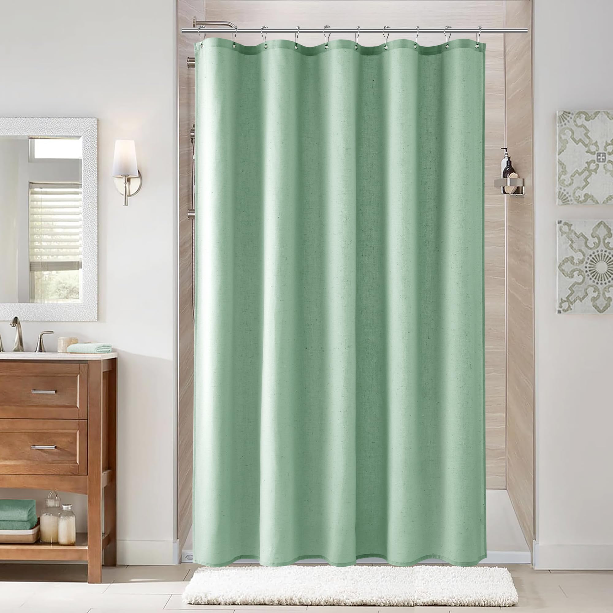 Naturoom Aqua Green 54 Inch Shower Curtain - Stall Narrow Half Linen Ultra Thick Fabric Shower Curtain Set with Hooks, Boho Farmhouse Rustic RV Camper Bath Curtains for Bathroom, 54x78 Image