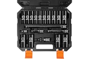 BOEN 19-Piece 1/2" Drive Deep Impact SAE Socket Set, 3/8"-1-1/4", Cr-V Steel, Extensions, Joint, Adapter - Meets ANSI