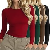 Neer 4 Pack Women's Long Sleeve Shirts Underscrub Crew Neck Slim Fit Undershirts Stretchy Casual Tight Tops(Dark Coffee, Red, Dark Green, Black,Large)