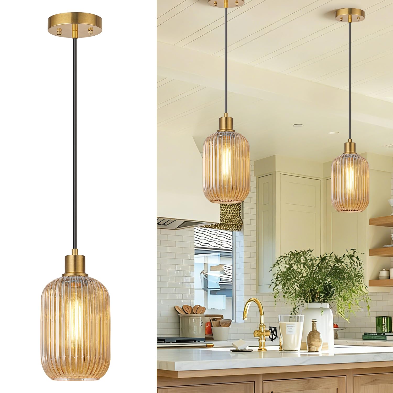 Photo 1 of 2 Pack Amber Cylinder Pendant Lights Kitchen Island with Ribbed Lampshade, Brushed Gold Hanging Light Fixture, Adjustable Pendant Lighting for Kitchen Island Sink Dining Room (Bulbs Not Included)