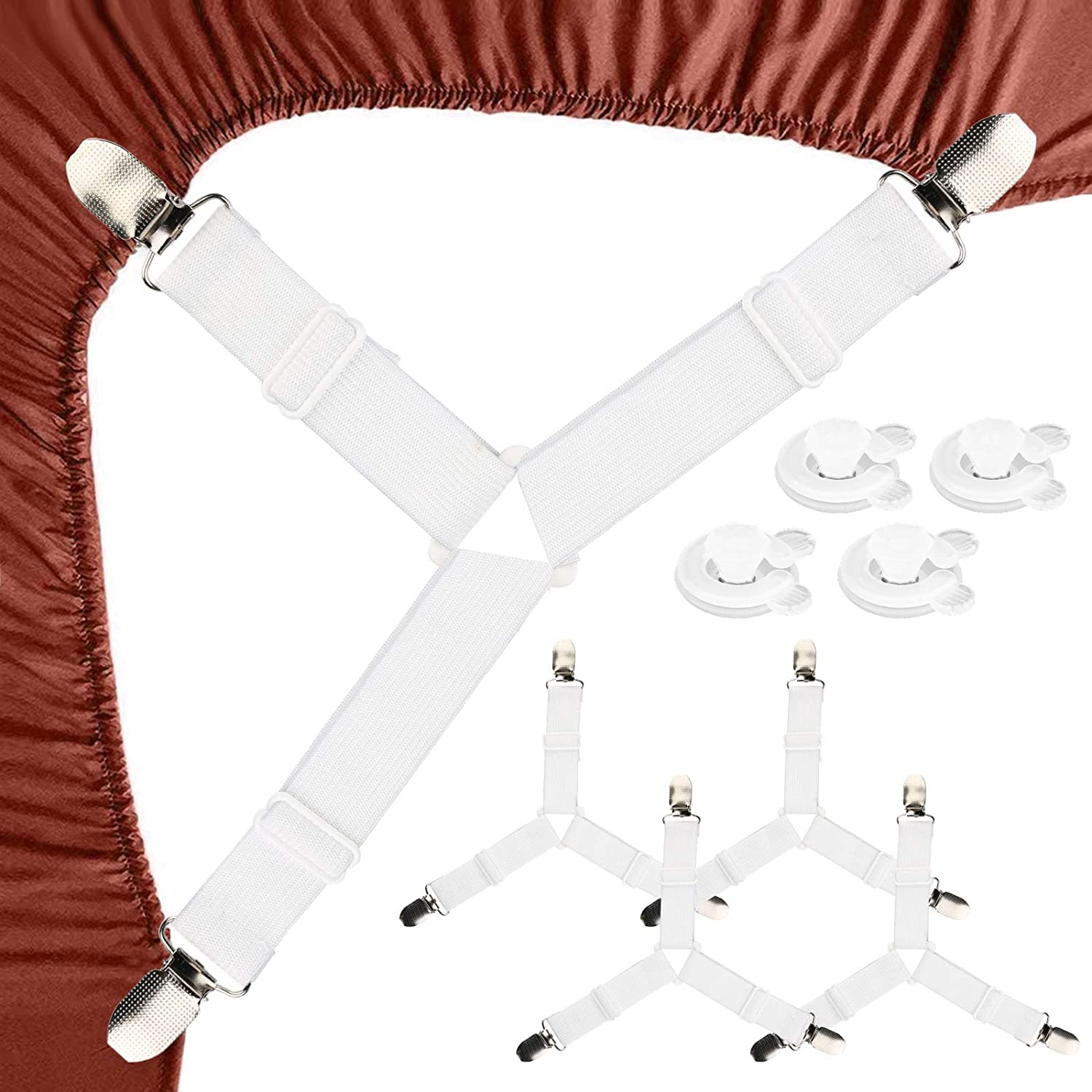 Bewinner Bed Sheet Fasteners 4pcs Bed Sheeips Adjustable Triangle Bed Mattress Sheet Holder Straps Clips Gripper Fasteners Sheet Corner Holder Elastic Fasteners Clips (White)