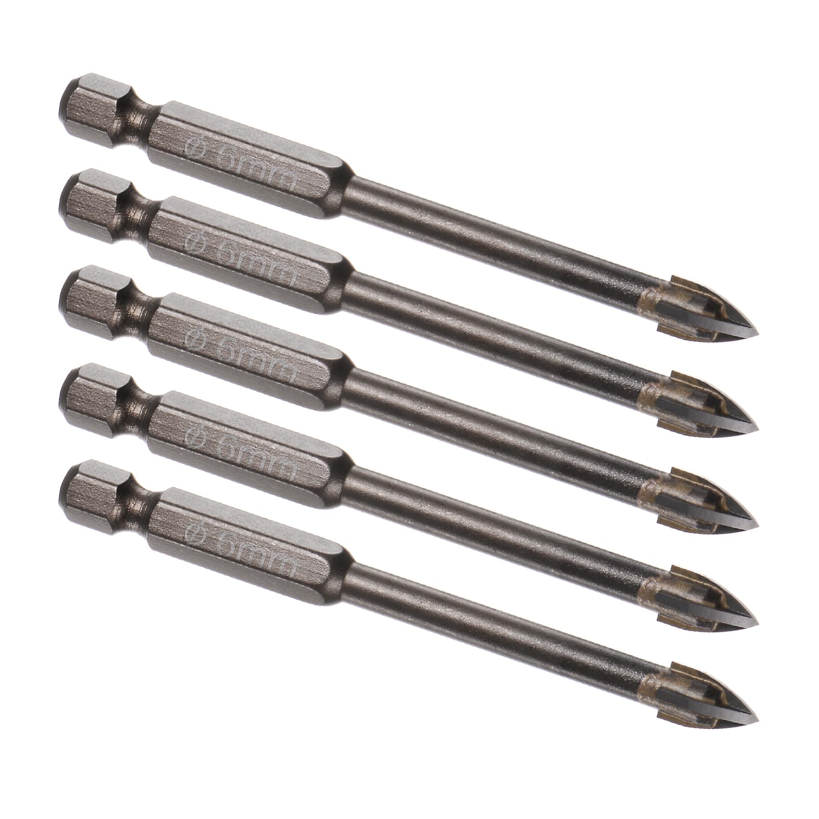 Kozelo 5pcs Titanium Masonry Drill Bit - [6mm x 78mm] Triangle Drill Bit with Hex Shank for Mirror and Ceramic Tile Use, Cross Arrow Design