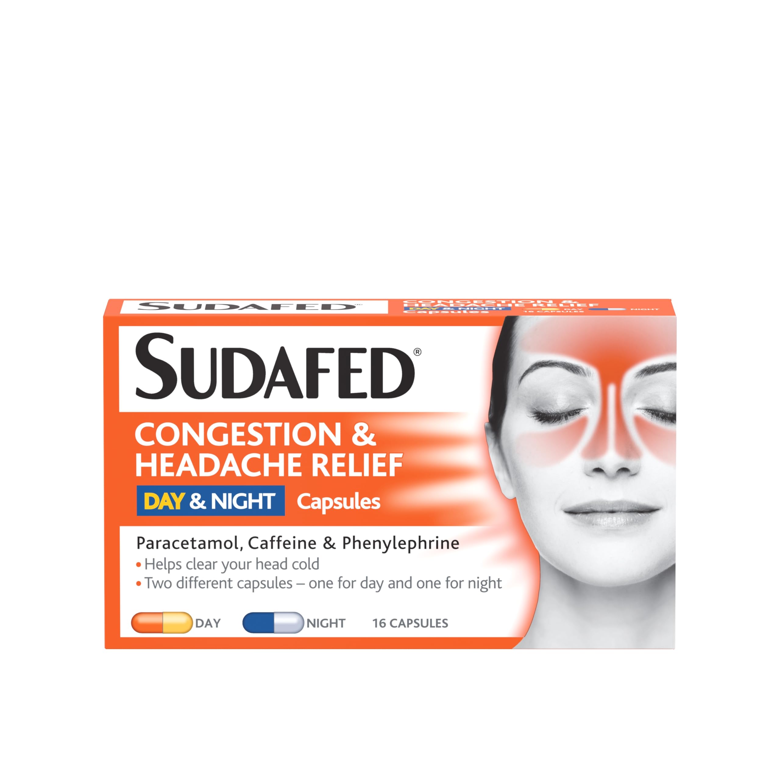 Sudafed Congestion & Headache Relief Day & Night Capsules (Pack of 16), Relieves Congestion and Helps Fight Blocked Nose and Headache, Specifically Formulated for Use During the Day and Night