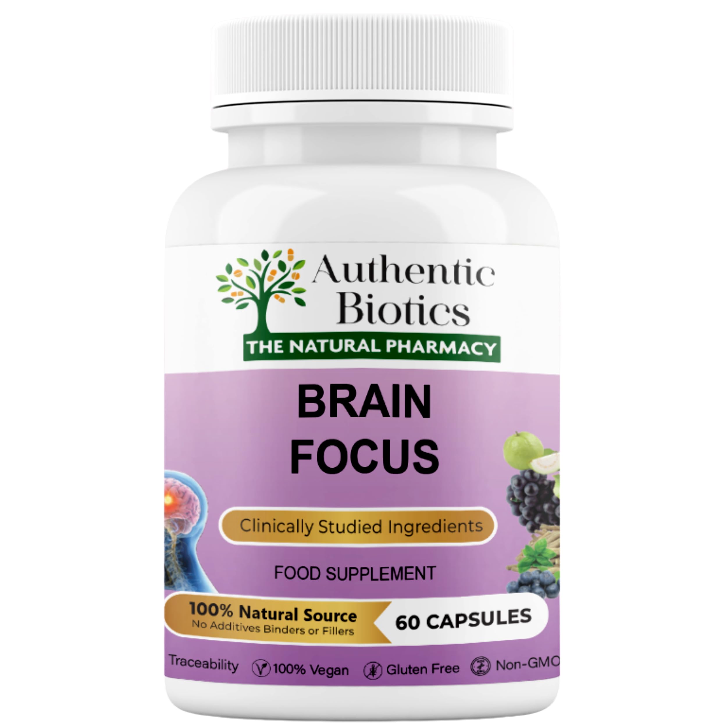 Authentic Biotics Brain Focus Supplement with Ashwagandha KSM-66 – Nootropic with B Complex & Magnesium | Energy, Memory, Focus & Mental Clarity | Vegan Cognitive Support | 60 Capsules