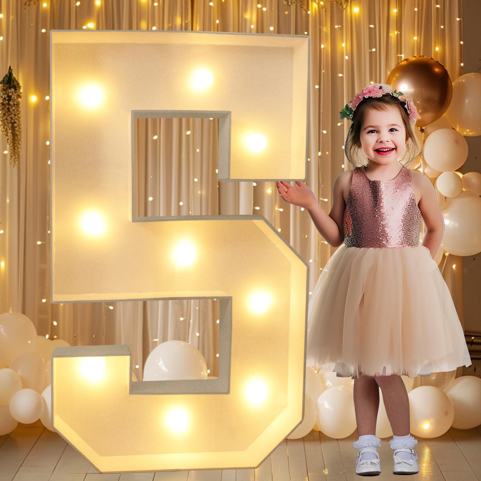Photo 1 of Pooqla 3FT Light Up Numbers, Large LED Letters Lighted Marquee Numbers for Party Decor, Giant Mosaic Light Up Number 5 for 5th 15th 25th 50th Birthday Anniversary Decoration, Warm White