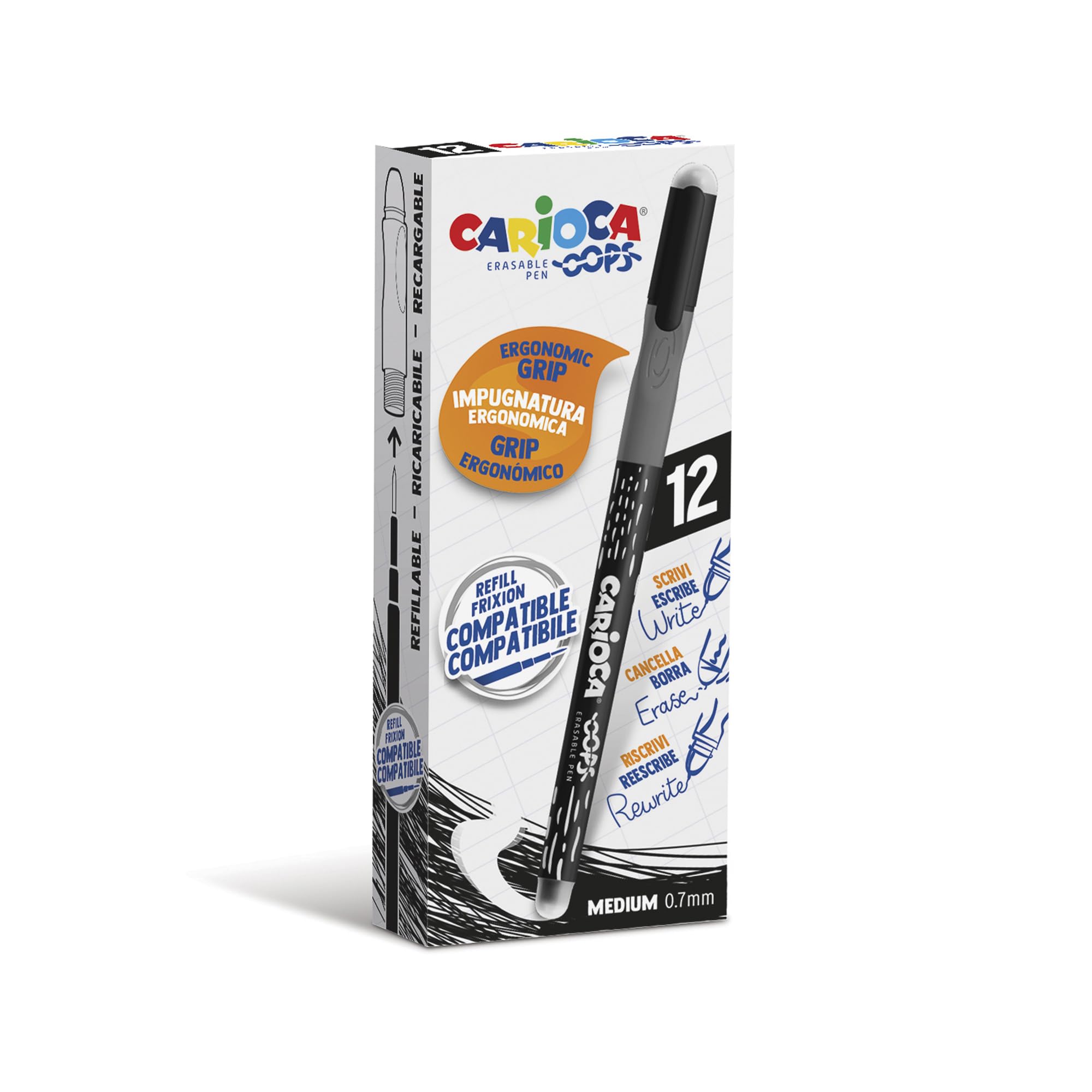 CARIOCA OOPS Black Erasable Pens Box of 12-0.7 mm Tip, Ergonomic Triangular Grip, Double Eraser, Heat-Sensitive Ink, Compatible Refills (12 Black Erasable Pens)