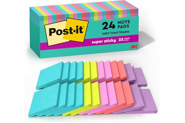 Post-it Super Sticky Notes, 24 Sticky Note Pads, 3 x 3 in., School Supplies, Office Products, 2X the Sticking Power, Supernova Neons Collection