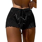 Jumppmile Womens Crochet Cover Up Shorts Hollow Out High Waist Knit Bathing Suit Bikini Swimsuit