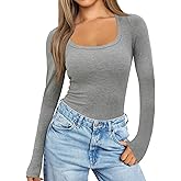 BINOVISOR Square Neck Long Sleeve Bodysuit for Women Slimming Fit Casual Ribbed Knit Body Suit Tops Shirts