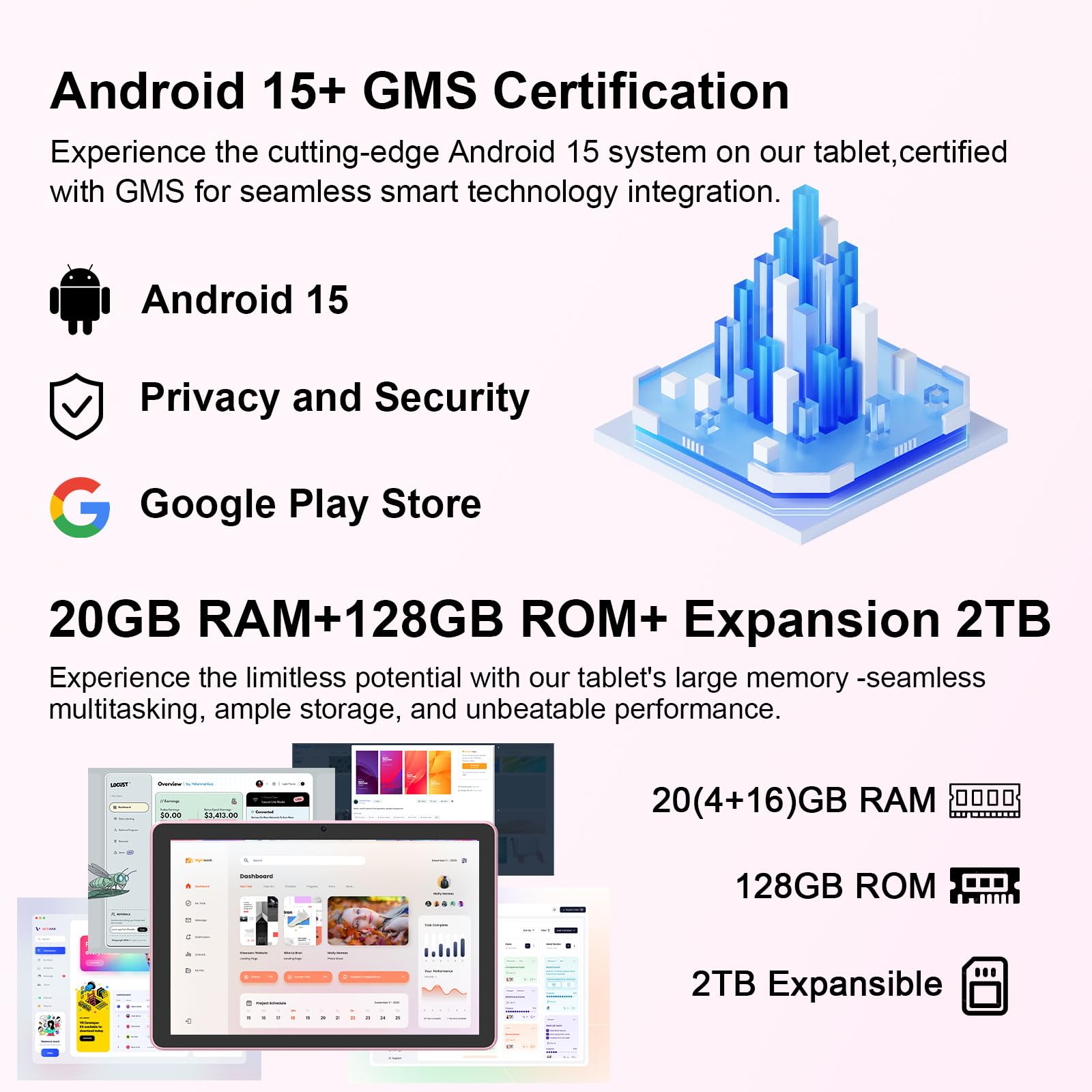 Android 15 Tablet 10 Inch, 20GB RAM+128GB ROM/ 2TB Expandable, 2.0GHz Quad-core Processor, 1280*800 HD Screen, 5G WiFi6 BT 5.0, 2 in 1 Tablets with Keyboard Case Mouse Stylus, Widevine L1 Pink