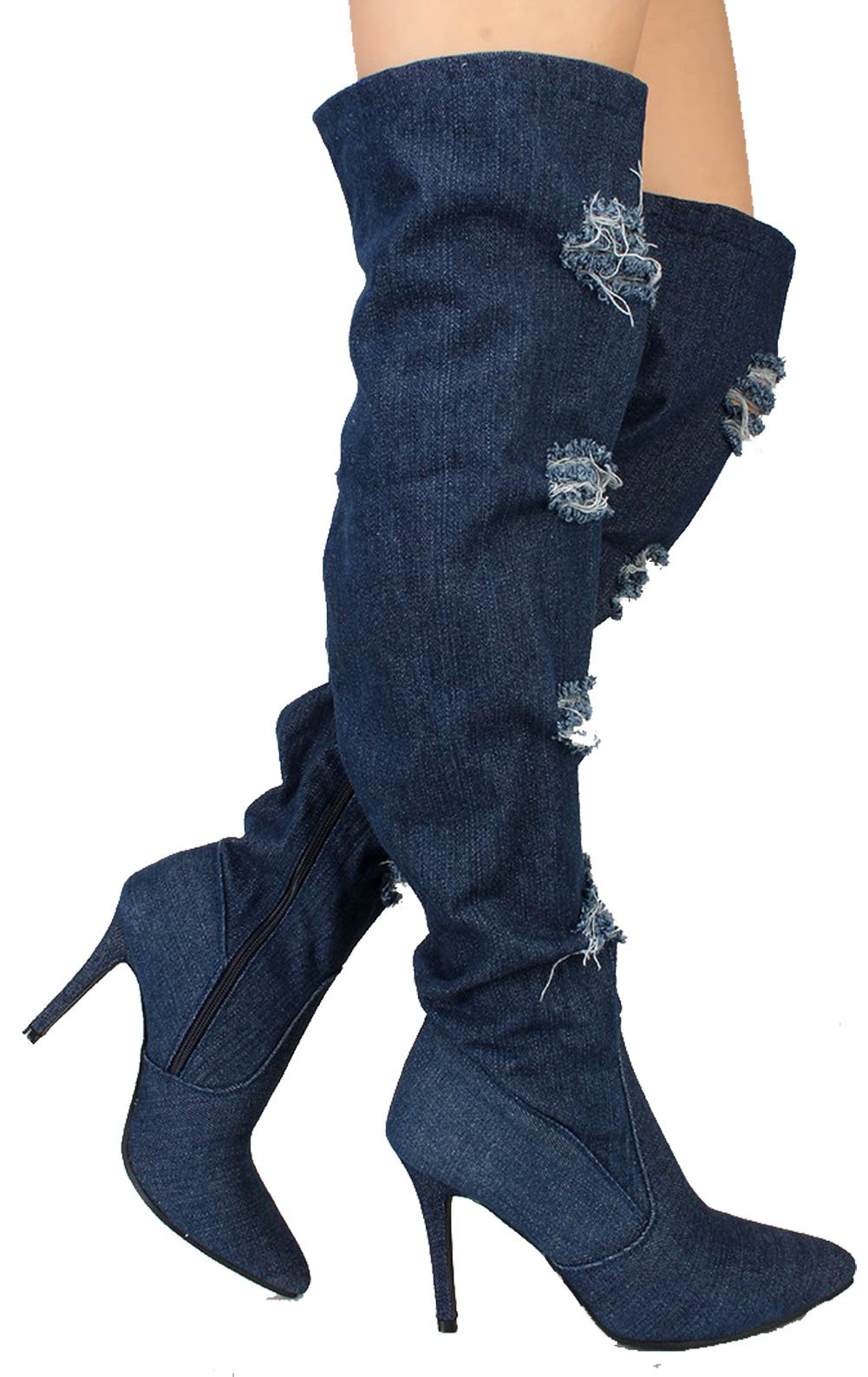 Alexia 7 Womens Distressed Ripped Denim Pointy Toe Thigh High Boots - Image 3