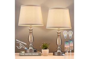 EJIAXIN Lamps for Bedrooms Set of 2, Brushed Nickel Bedside Lamps with USB C+A Ports, 3 Way Dimmable Nightstand Lamps with Fabric Lampshade, Touch Table Lamp for Living Room Bedroom Office, Bulbs Included
