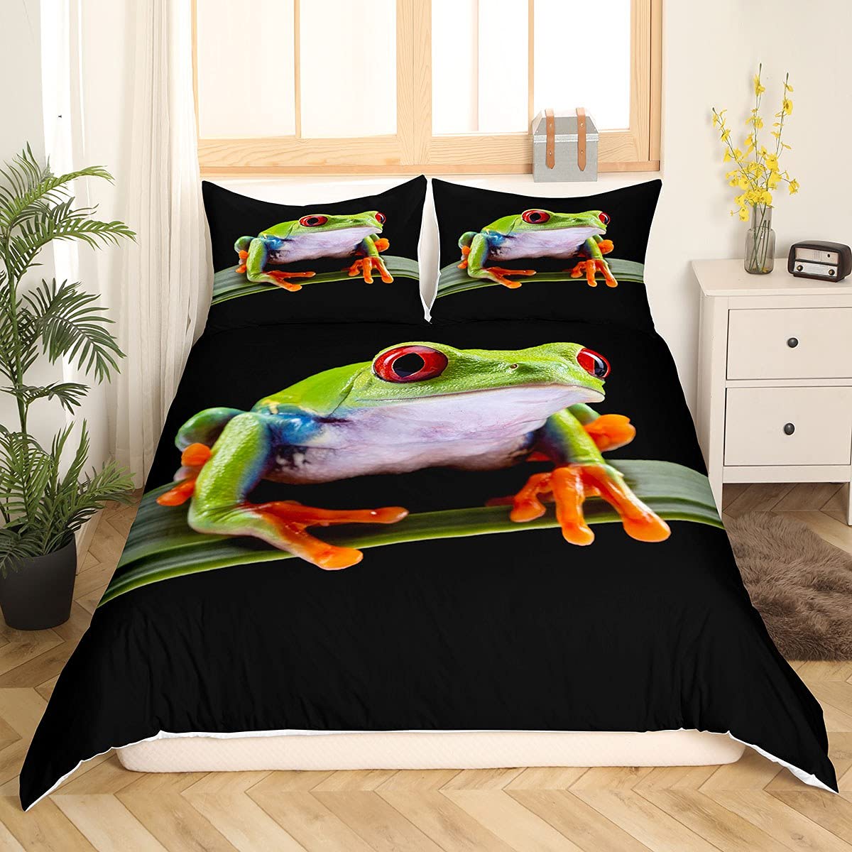Homewish Frog Bedding Set, Tropical Amphibian Comforter Cover, 3D Animal Frog Print Duvet Cover for Teenagers, Boys, Children, Tropical Rain Forest Theme Bedspread Decor, 2 Pieces, 155 x 220 cm