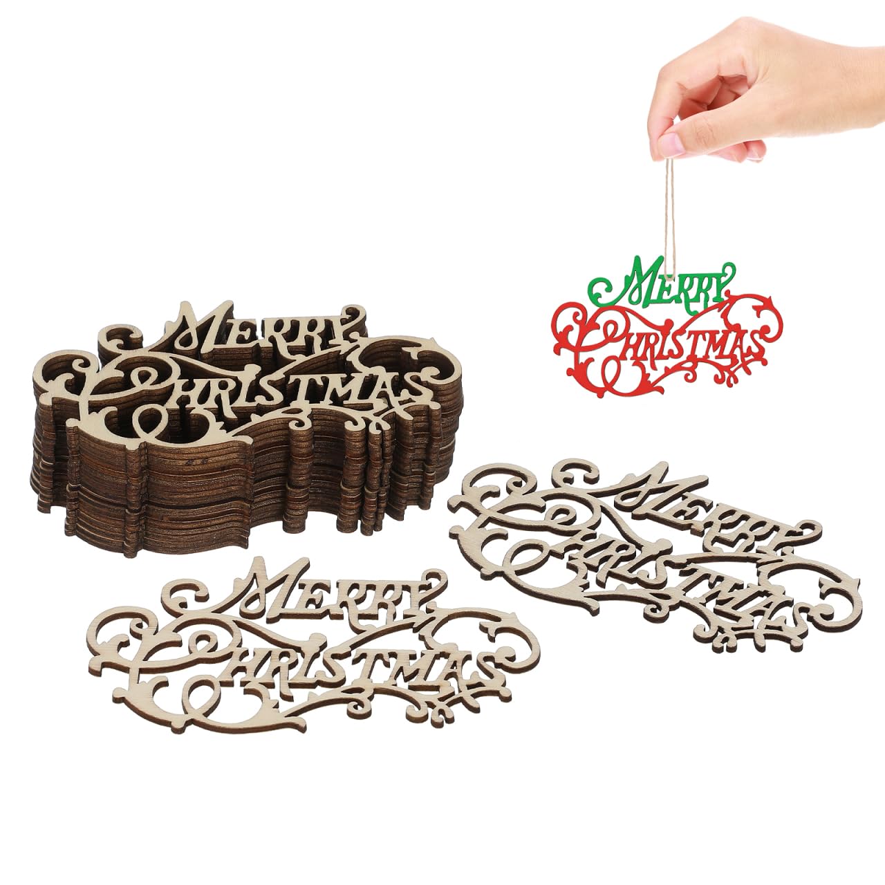 20Pcs Wooden Merry Christmas Words Craft, DIY Unfinished Wood Christmas Ornament Signs Embellishment for Tree Home Wedding Decor
