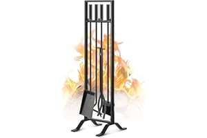 Gtongoko Premium 5 Pcs Wrought Iron Fireplace Tools Set for Outdoor/Indoor,Fire Place Set Tools Include Poker,Tongs, Shovel,Brush and Stand Accessories Set,Black