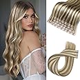 Hanne Fashion Human Hair Extensions Micro Ring PU Hair Extensions Glueless Remy Human Hair Extension with Holes Highlight Blonde 9A/P60 Invisible Tape in Hair Extension for Women (35g 4Pcs,18 Inch)