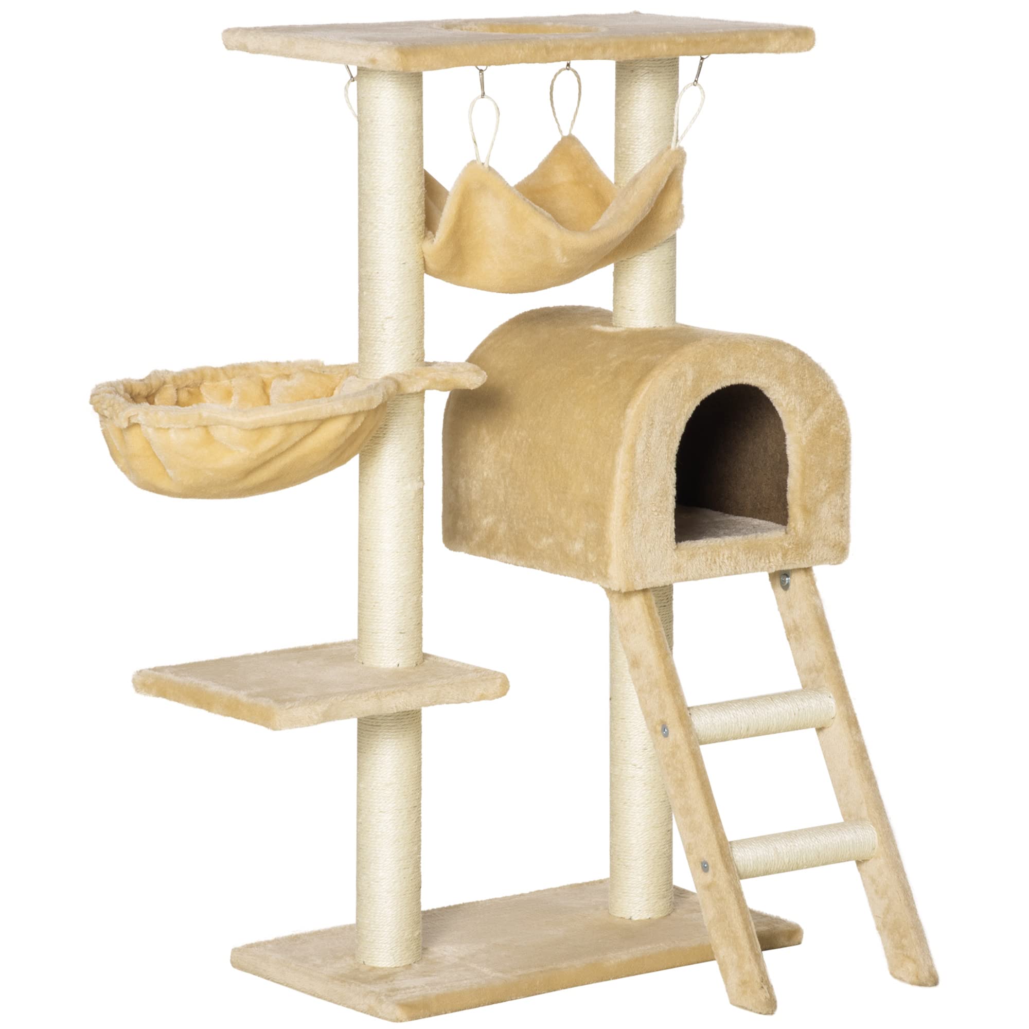 PawHut Cat Tree Tower for Indoor Cats Kitten Activity Centre Scratching Post w/Hammock House Basket Ladder - Beige