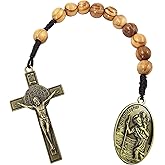 TALISMAN4U Saint Christopher Medal One Decade Prayer Pocket Rosary St Benedict Medal Crucifix Cross 10 mm Olive Wood Beads Open Style Wooden Tenner Rosaries Handmade Catholic Gift Linen Rosary Pouch
