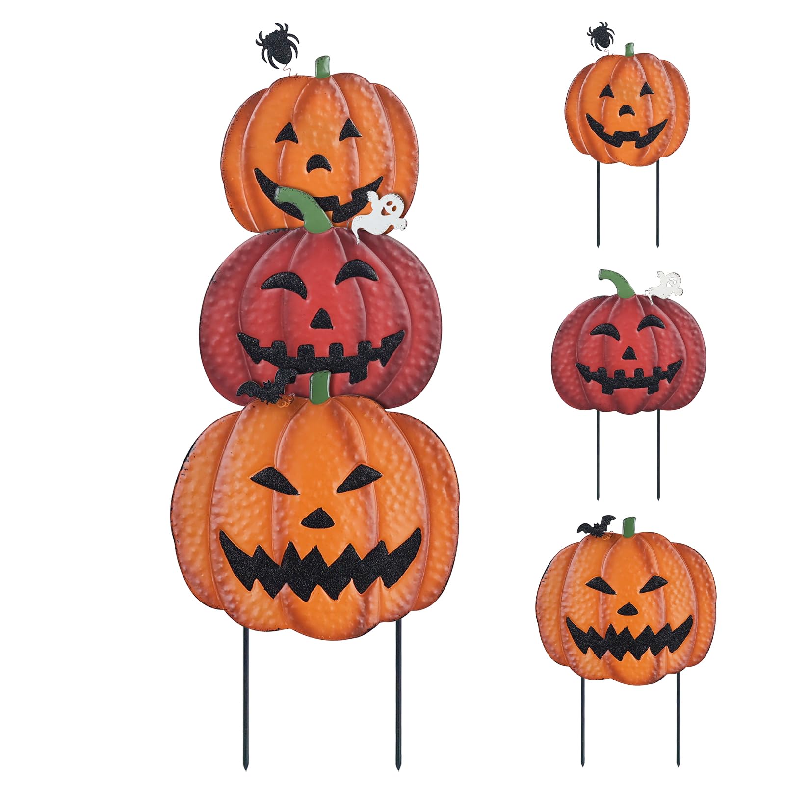 Photo 1 of hogardeck Outdoor Halloween Decorations, 34" Decorative Garden Stakes with 3 Pumpkins for Halloween Decor, Jack O Lantern Metal Yard Signs for Outside Lawn Patio Party Decorations