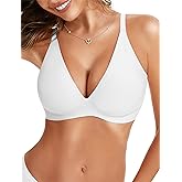 KeepMyself Seamless Deep V Push Up Wireless Bra for Women - Wire Free Plunge Bralette Comfort, No Underwire Tshirt Bra Soft Support, Back Smoothing & Lift for Daily Wear - White M