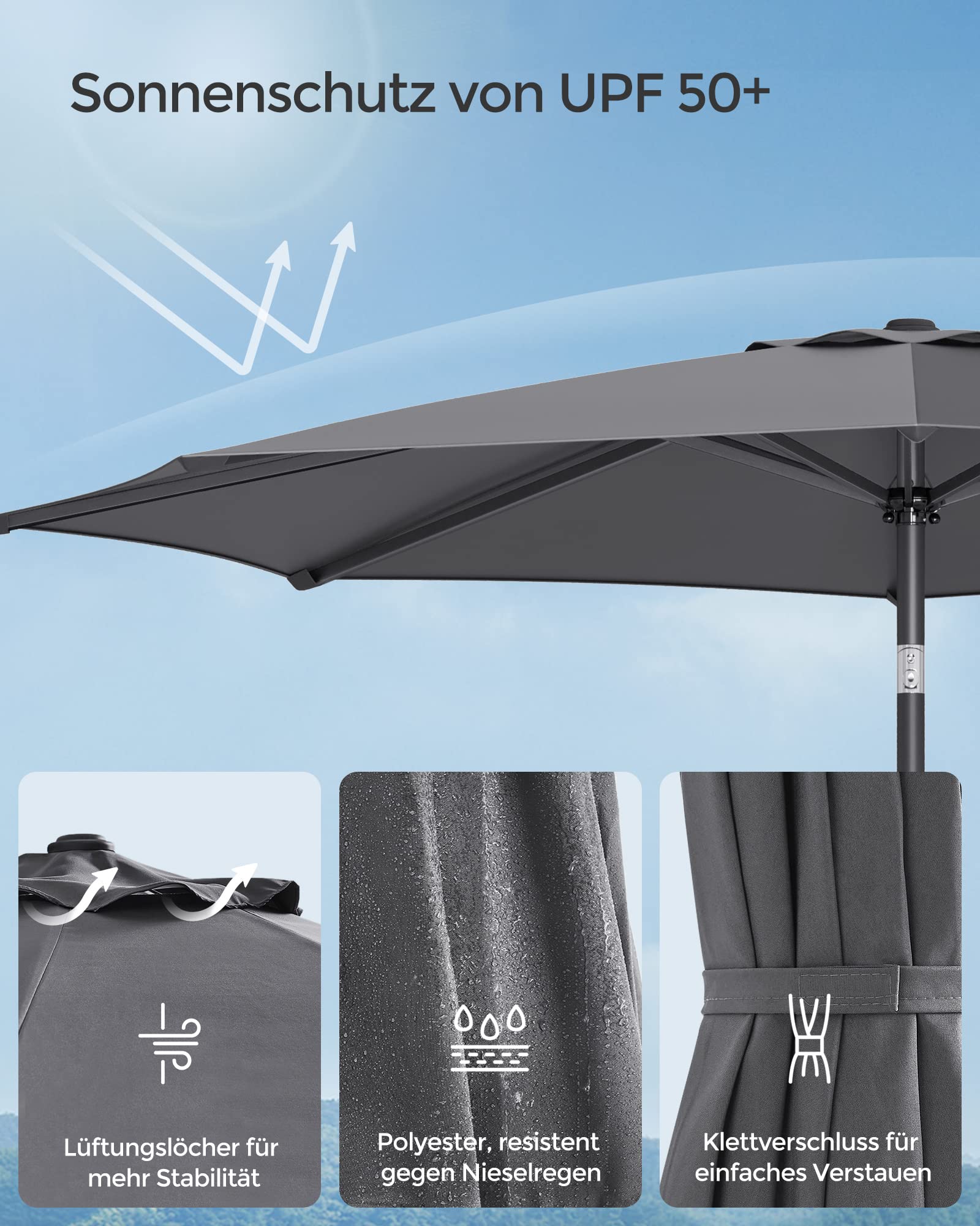 SONGMICS Gartenschirm Ø 300 cm, Marktschirm, UV-Schutz bis UPF 50+, Terrassenschirm klappbar mit Kurbel, ohne Ständer, Garten, Balkon, Terrasse, grau GPU30GYV1 5