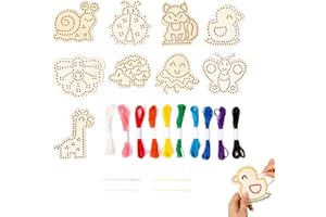 Sewing Kit Montessori Wooden Lacing Set, 10 Wooden Lacing Cards with Colourful Yarn and 4 Plastic Needles, Educational Hands-