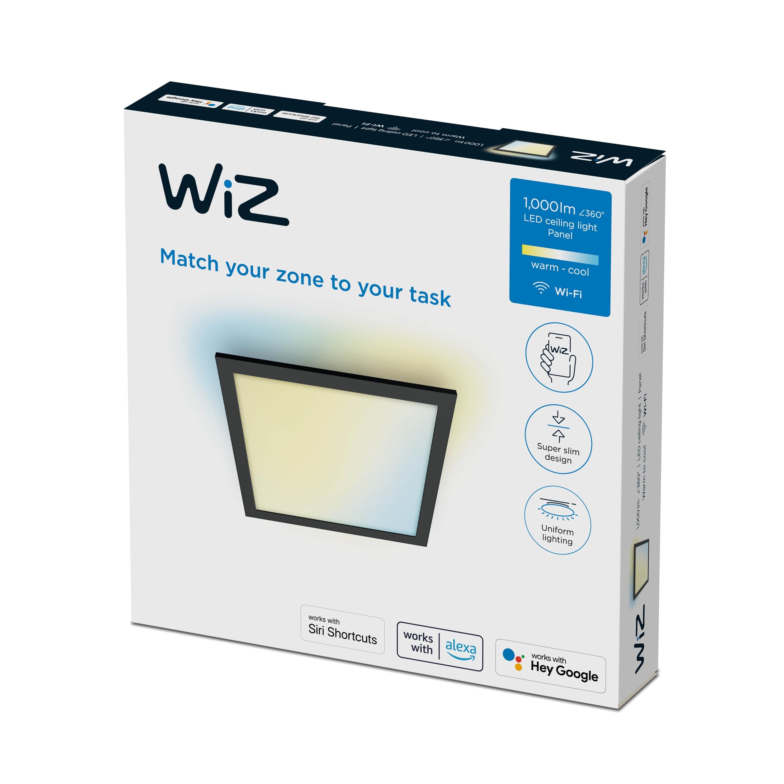 WiZ Tunable White, Panel Ceiling Smart Light [Square 12W - Black] App Control, for Indoor Home Lighting, Livingroom, Bedroom, Diningroom.
